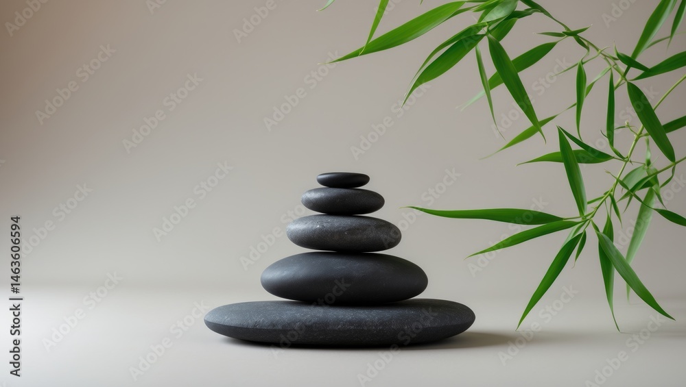 Eco-friendly product showcase featuring black stone and green bamboo leaf on a minimalist background Eco-friendly product showcase featuring black stone and green bamboo leaf on a minimalist background