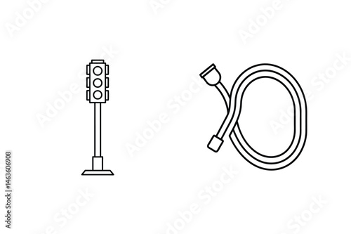 Simple outline illustrations of a traffic signal and a plug cable on a white background