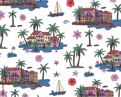 Hand drawn tropical town seamless pattern with palms and sea
