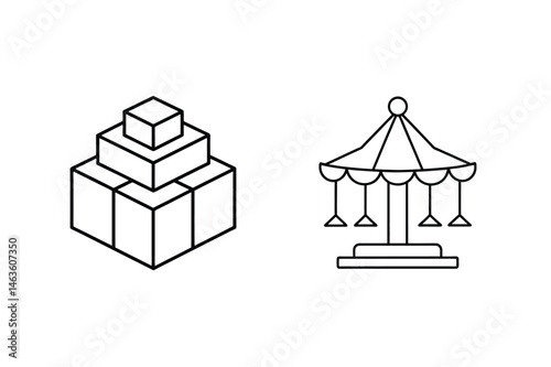 Minimalist vector illustrations of isometric cube stack and simple carousel for theme park designs