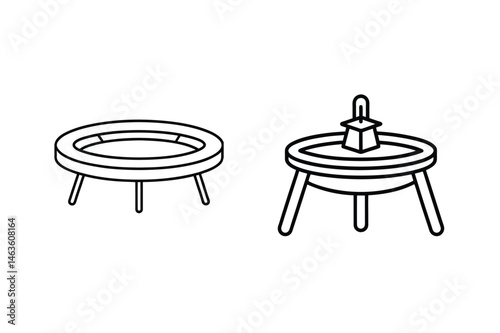 Simple minimalist design featuring two tables one empty and one with square lantern object