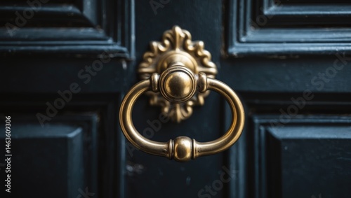 Elegant brass door knocker with gold finish on dark entrance