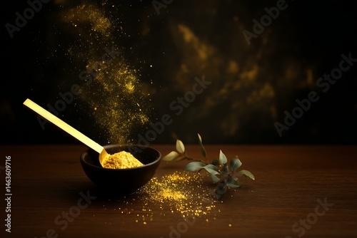 Golden Powder in a Wooden Bowl with Dramatic Lighting
