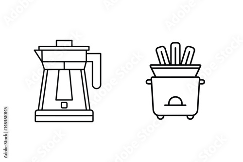 Simple outlined illustration of a coffee maker alongside a deep fryer with french fries