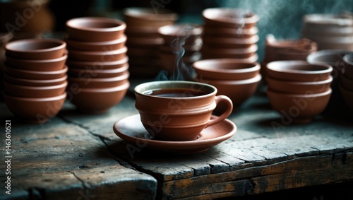 Morning food and drink: hot tea in a rustic earthen cup