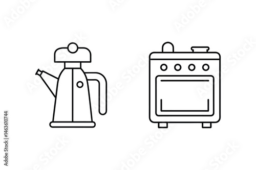 Outlined vector illustration of a coffee pot and oven symbolizing kitchen appliances and cookery