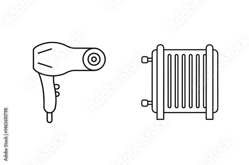 Illustrated black and white line art of hair dryer and radiator for home appliance design