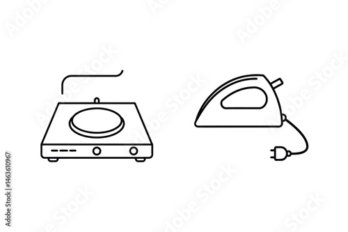 Outlined illustration of a portable electric stove and a household ironing iron isolated on white