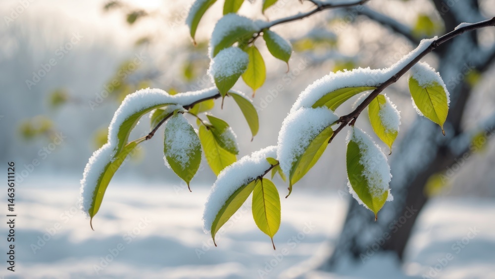 Obraz premium Rural landscape with bird cherry foliage blanketed in snow during late spring