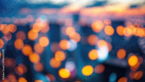 Urban evening panorama featuring abstract bokeh, glowing lights, and defocused cityscape