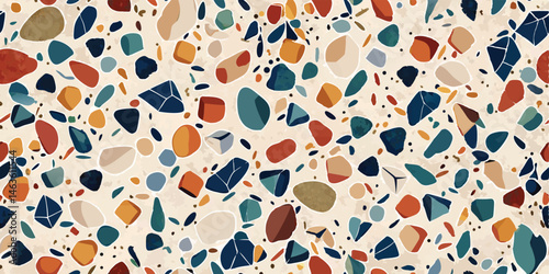 Colorful terrazzo pattern vector background featuring geometric shapes and earthy tones