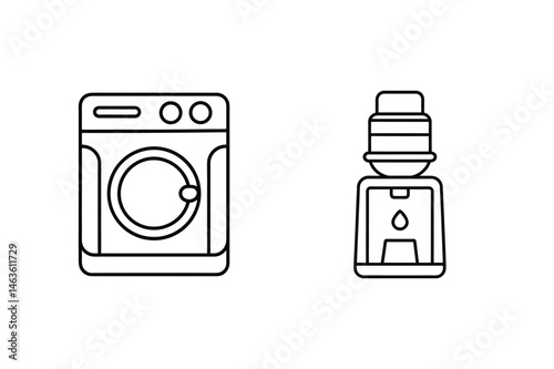 Minimalist outline illustrations depicting domestic appliances including a washing machine and water dispenser
