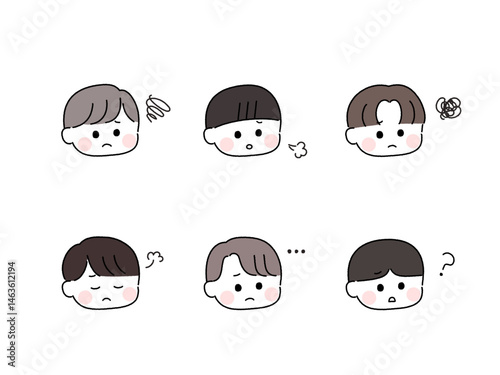 ゆるかわいい手描き風の顔セット／悩む男の子