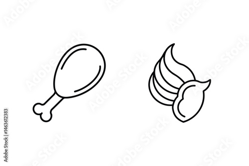 Linear style illustrated chicken leg and a cluster of shelled peanuts isolated on a white background