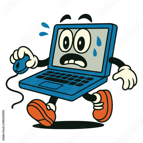 Panicked Laptop Character Holding Mouse