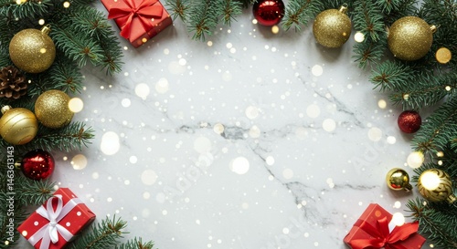 Arranging Presents and Christmas Ornaments on Marble Surface