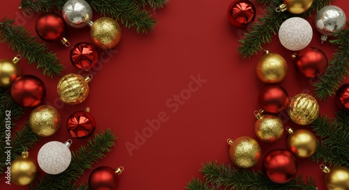 Christmas Decoration with Ornaments and Pine Branches on Red Background