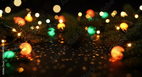 Festive Christmas Lights with Pine Branches and Glittery Stars