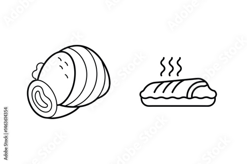 Minimalist outline illustration depicting savory roast meat and a hot baked food item