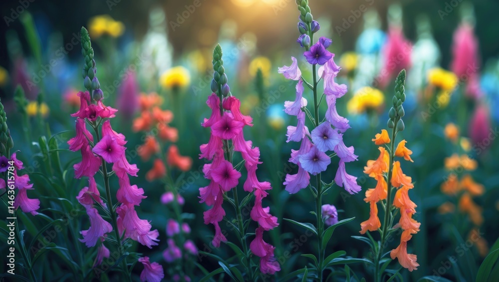 Obraz premium Violet antirrhinum blooming amidst vibrant green garden foliage