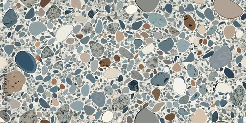 Terrazzo stone seamless pattern texture featuring blue grey and beige colored elements
