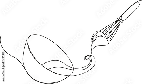 Continuous one line bowl with liquid and whisk one line drawing. Culinary minimalist silhouette image. Linear icon on a white background. Bowl vector illustration.