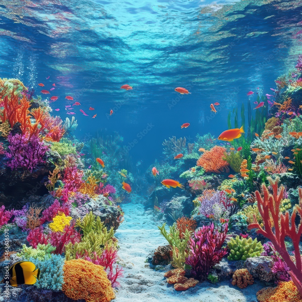 Obraz premium Vivid Coral Reef Ecosystem with Swimming Fish Underwater View Tropical Marine Life Colorful Seascape Ocean Floor Scenery