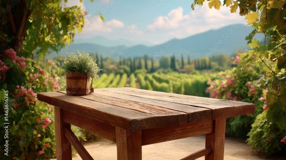 Rustic Wooden Table Outdoors with Vineyard View Rustic Wooden Table Outdoors with Vineyard View