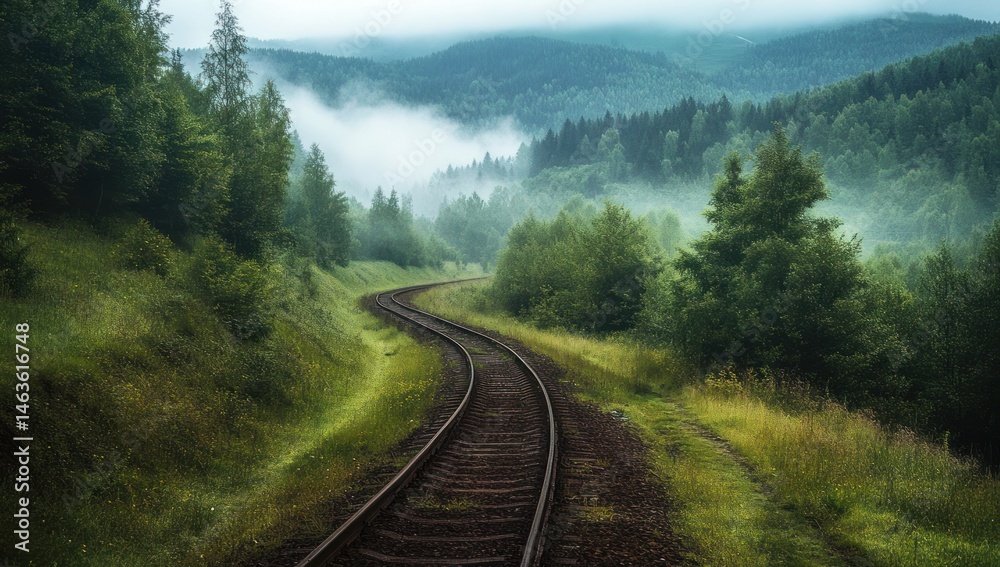 Fototapeta premium serene railway curving through lush woodland landscape enveloped in gentle fog and verdant mountains