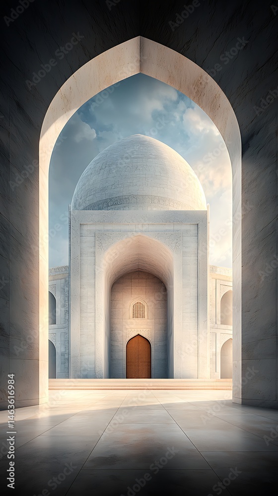 Grand architectural perspective framing a white mosque under a cloudy sky Grand architectural perspective framing a white mosque under a cloudy sky