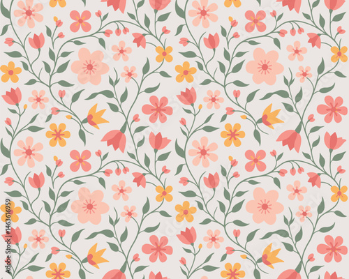 Sweet floral ogee seamless pattern with hearts and leaves