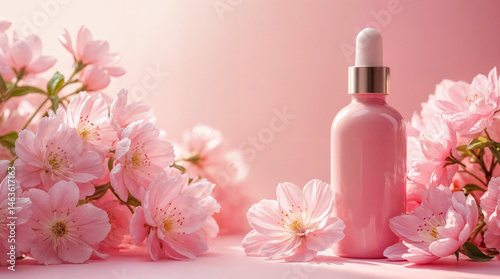A stylish cosmetics bottle beautifully showcased among blooming pink flowers and soft pink tones