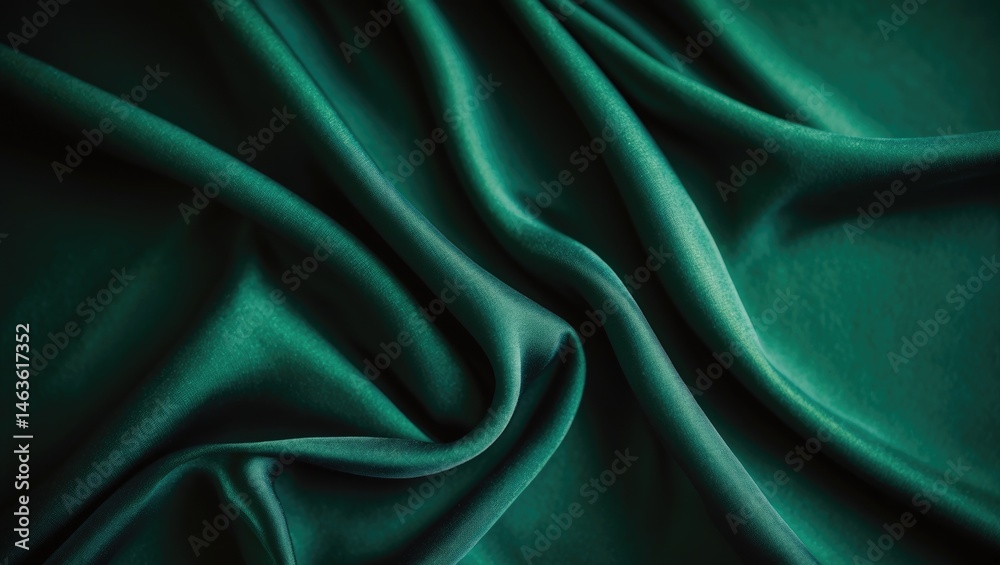 Obraz premium Top-down view of a silk fabric with rich emerald green texture and pattern on a dark background, suitable for table background.