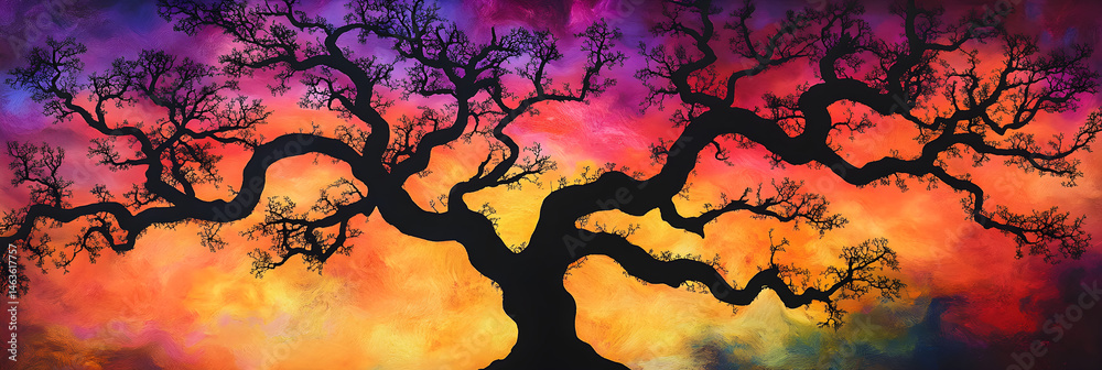 Solitude in Silhouette: The Intricate Elegance of a Tree at Sunset Against a Colorful Sky