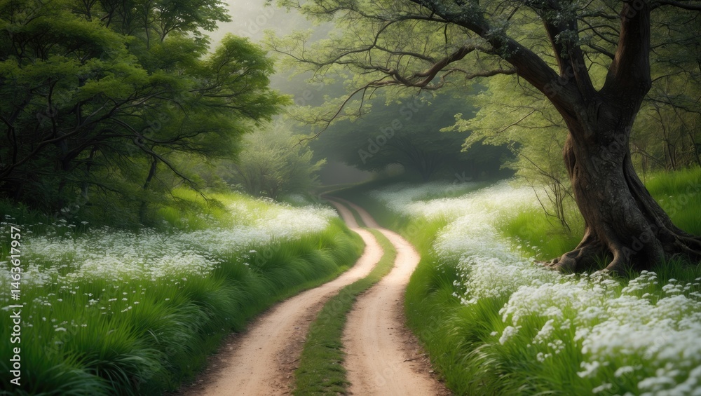 Obraz premium A tranquil trail stretching into woodland, edged with blooming white wildflowers