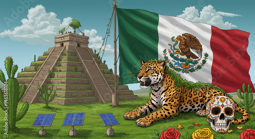 Mexican Culture Jaguar with Flag Pyramid and Sugar Skull Illustration