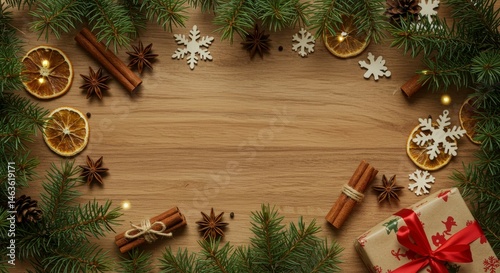 Christmas Decoration with Pine Branches and Gift on Wood