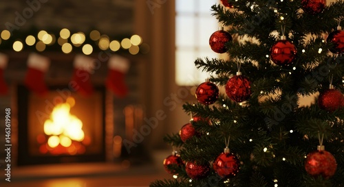 Christmas Tree Decorated with Ornaments Near Fireplace at Home