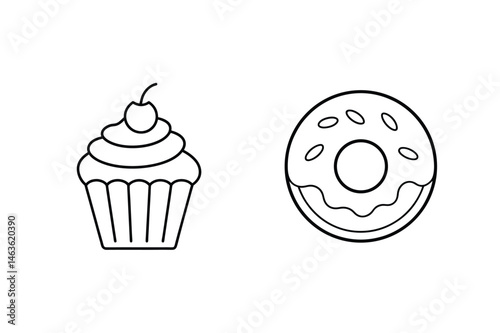Simple black and white outline illustration of a cupcake with cherry and a doughnut
