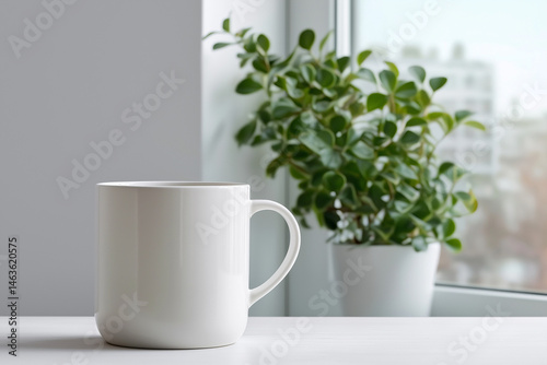 Wallpaper Mural White mug mockup on table with window and plant in background Torontodigital.ca