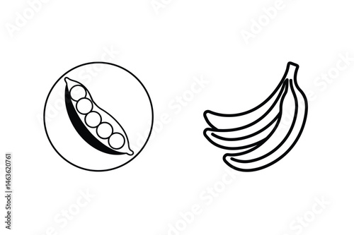 Simple black and white line art illustration of peas in pod and ripe bananas bunch
