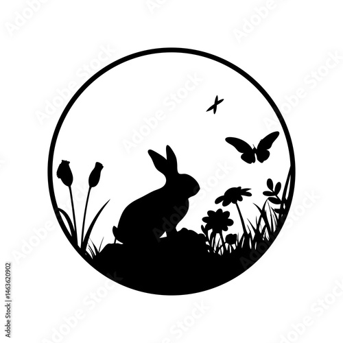 Silhouette spring scene with bunny rabbit butterfly and flowers vector illustration design template 100 chars