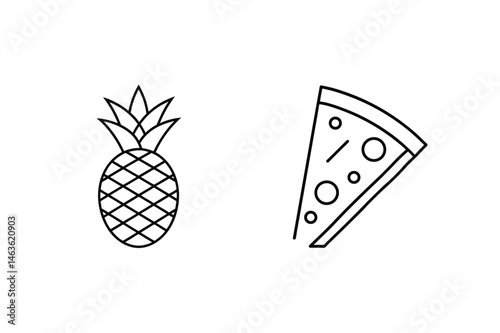 Simple outline illustration of a pineapple beside a pizza slice on a clean white background