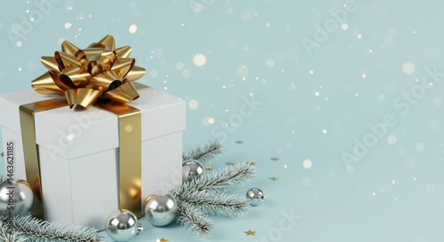 Gift Box with Gold Ribbon and Festive Ornament Decorations