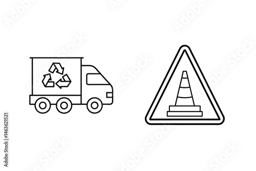 Eco friendly recycling truck and road construction sign icon set illustrating waste management