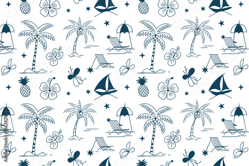 Tropical beach seamless pattern with hand drawn summer vacation elements
