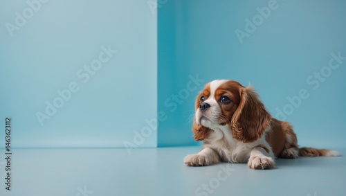 Small puppy lying peacefully on the house floor, gazing upward with big dark eyes, featuring a blue background and a lovable baby dog