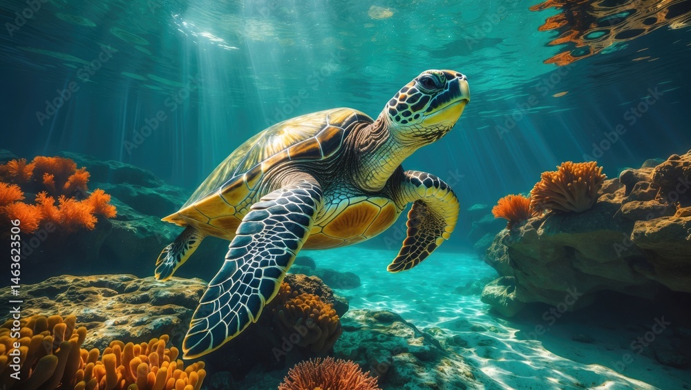 Fototapeta premium Marine life: green sea turtle in vibrant lagoon