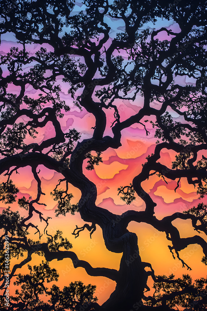 Solitude in Silhouette: The Intricate Elegance of a Tree at Sunset Against a Colorful Sky