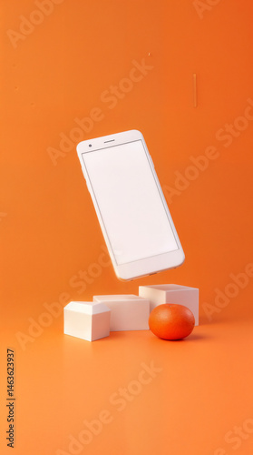 Mobile phone with a white mockup display levitates against an orange background, surrounded by square objects